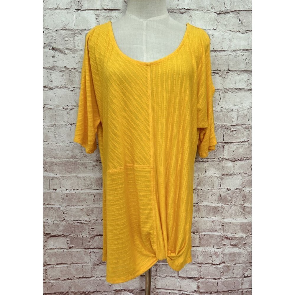 CATO Womens L Cold Shoulder Twist Hem Tunic Top Textured Knit Goldenrod Yellow